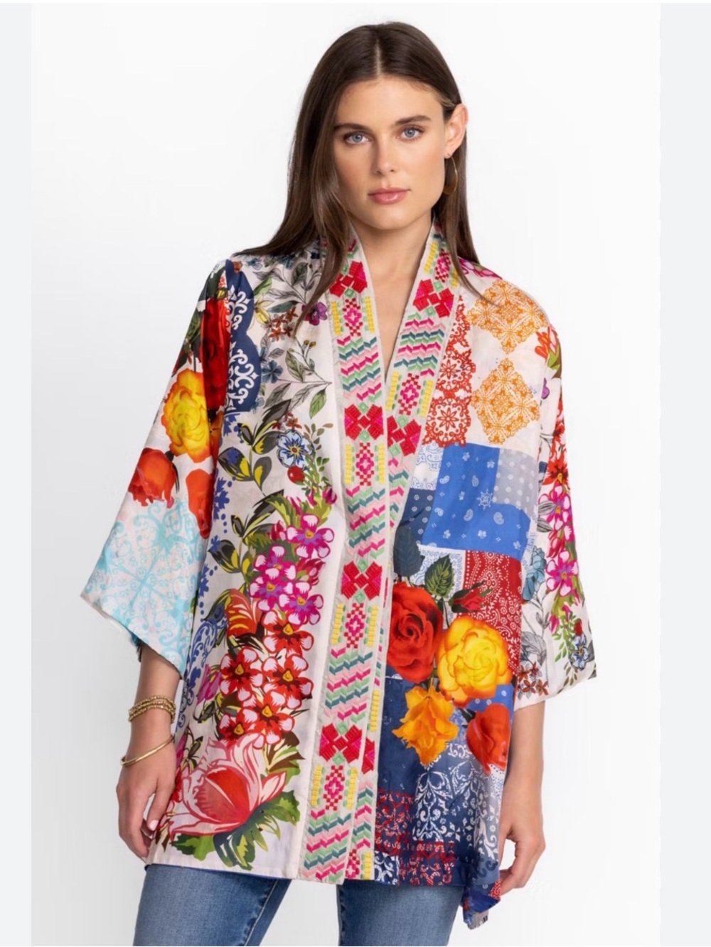 Johnny Was Tango Yena Kimono 100% silk Multicolor Floral top size small